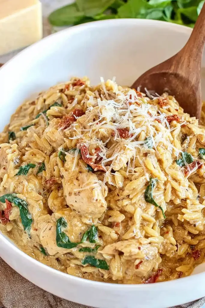 Crockpot Creamy Tuscan Chicken Orzo