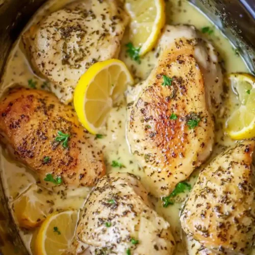 Lemon Herb Chicken in creamy slow cooker sauce
