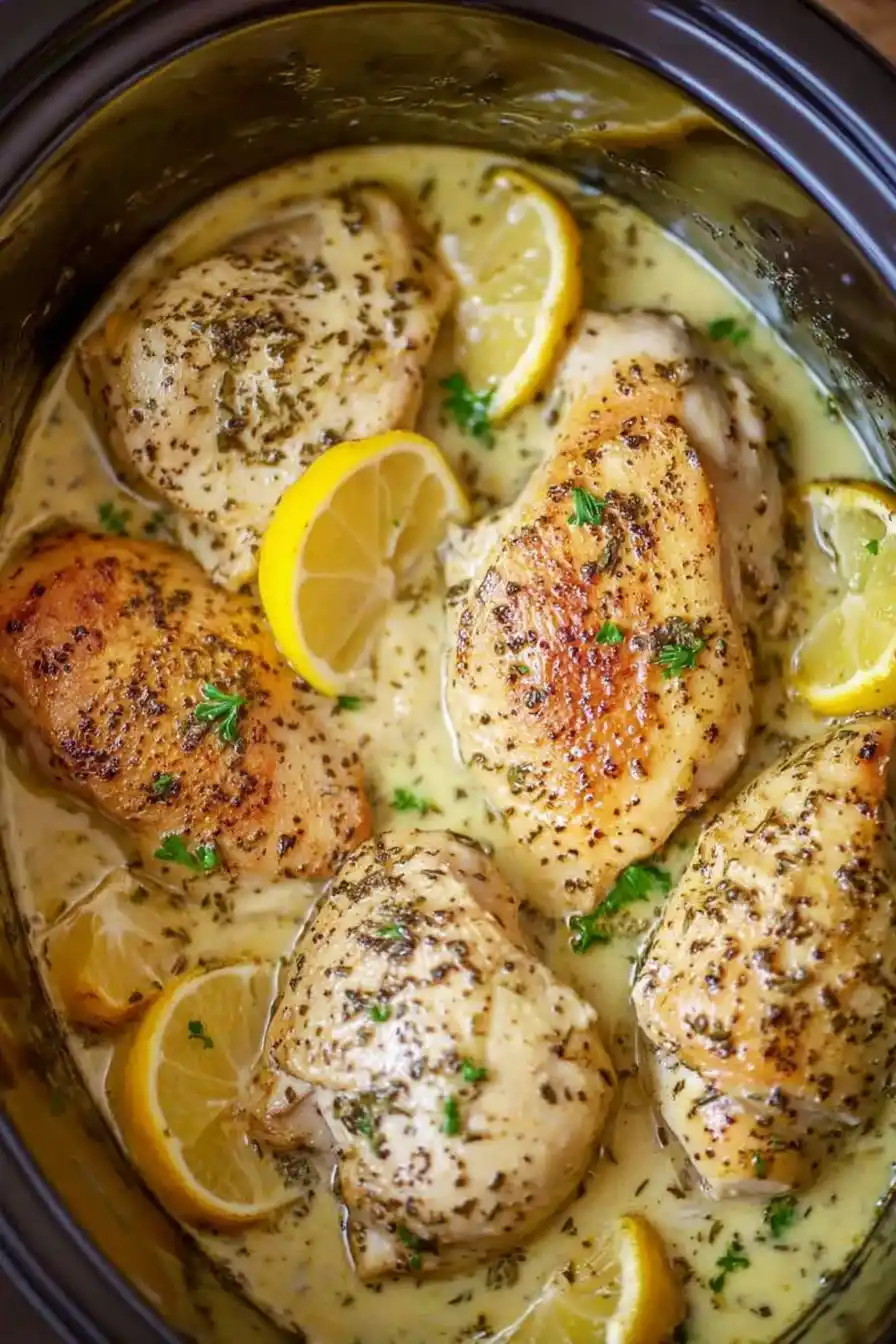 Lemon Herb Chicken in creamy slow cooker sauce