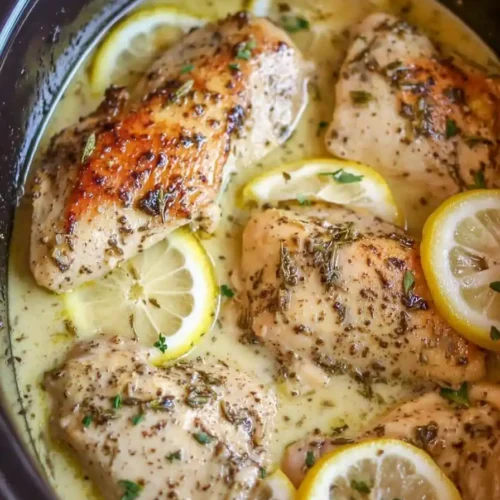 Creamy Crockpot Lemon Herb Chicken ready to serve