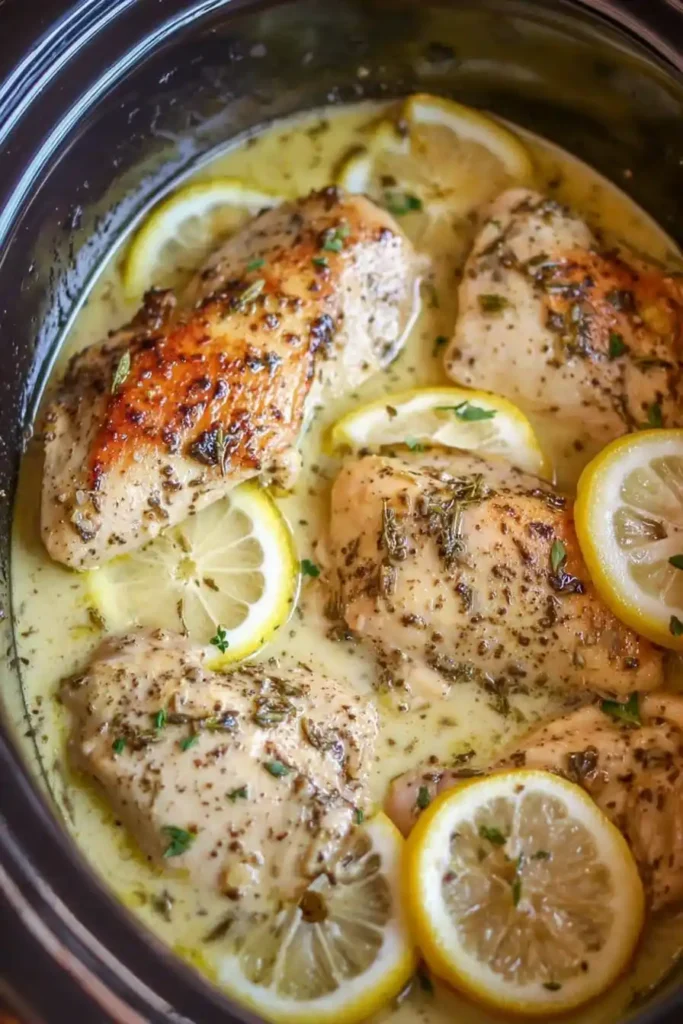 Creamy Crockpot Lemon Herb Chicken ready to serve
