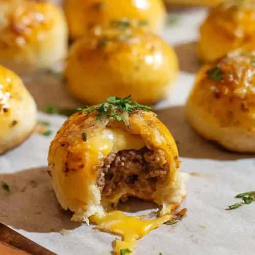 Garlic Parmesan Cheeseburger Bombs cut open showing melted cheese center
