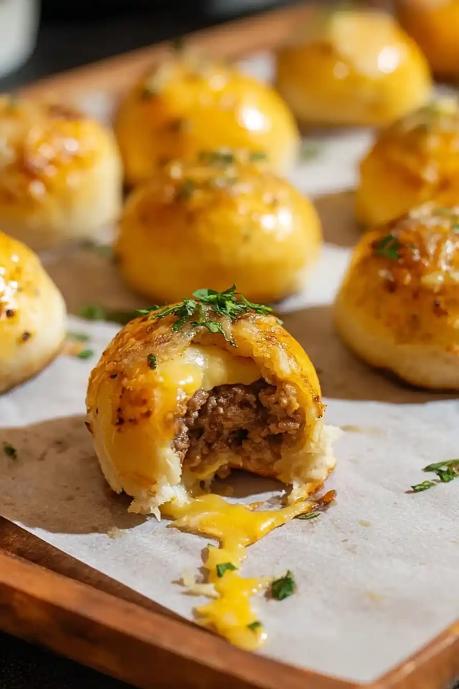 Garlic Parmesan Cheeseburger Bombs cut open showing melted cheese center