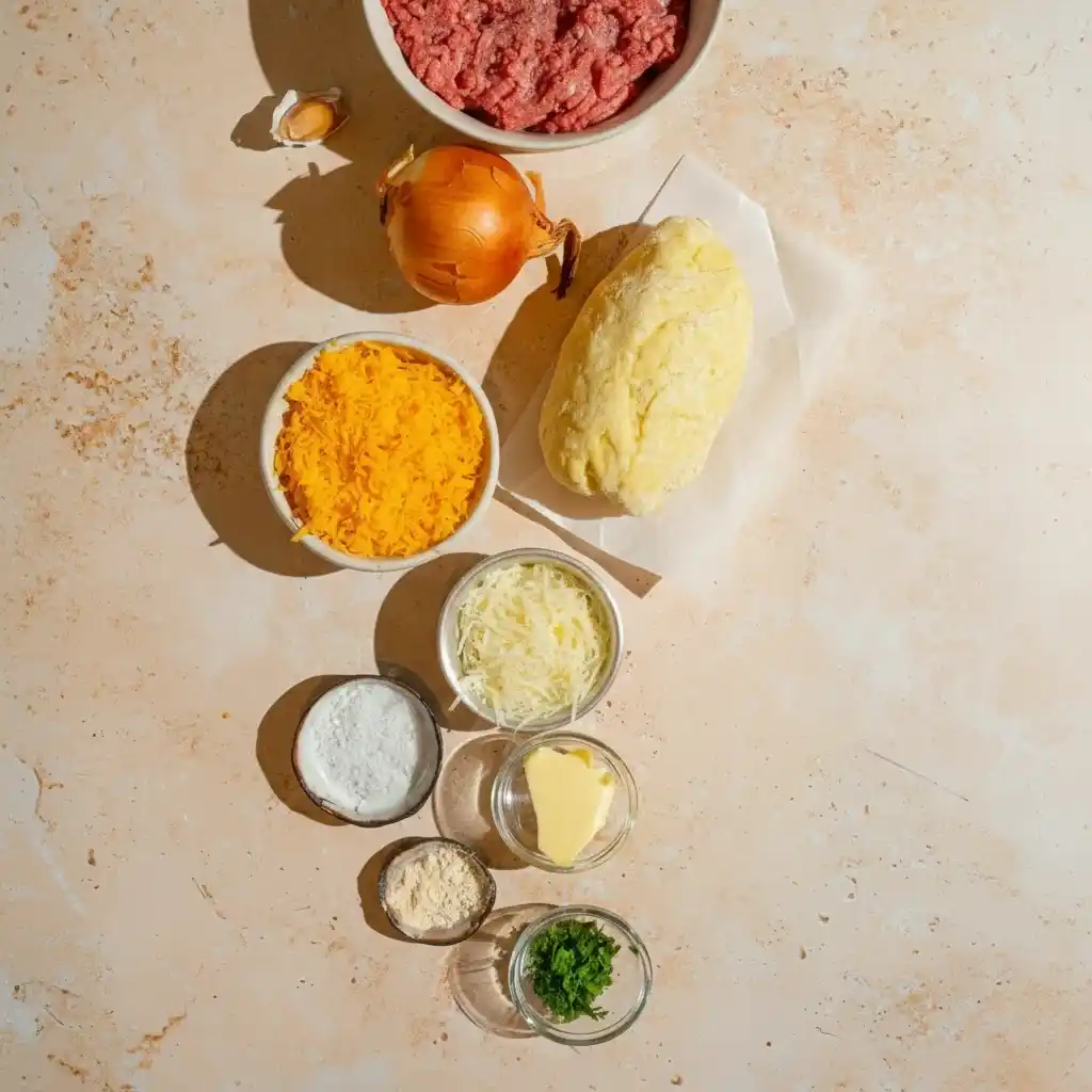 Ingredients for Garlic Parmesan Cheeseburger Bites on counter