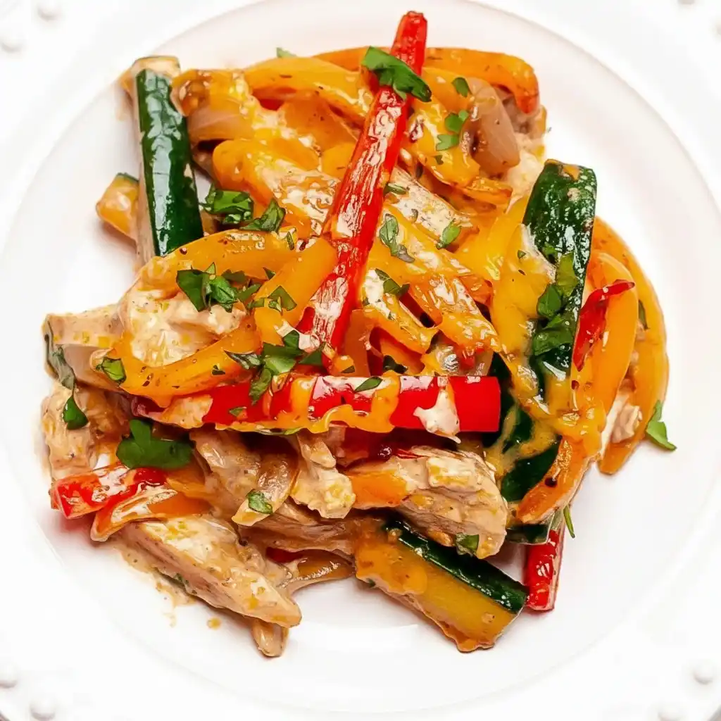 Served chicken fajita casserole with melted cheese and fresh cilantro