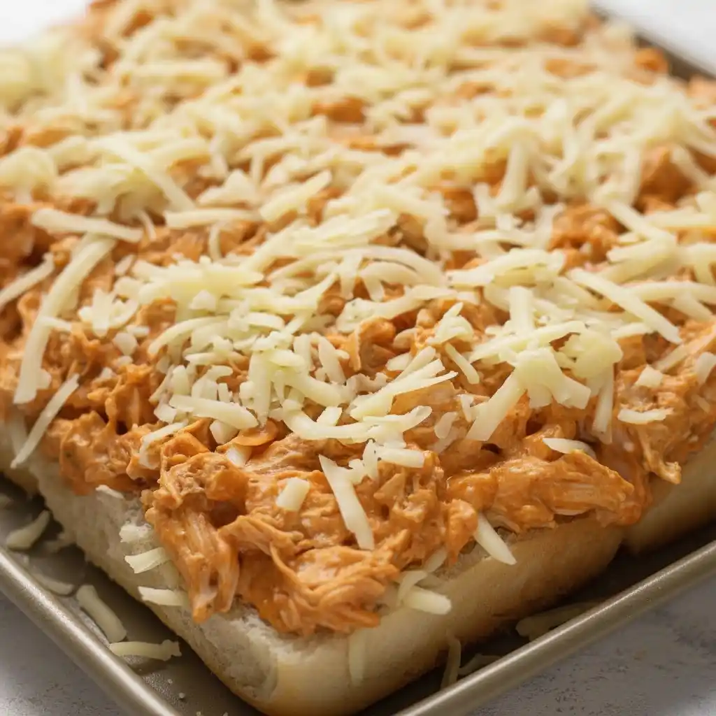Layering shredded buffalo chicken and cheese on Hawaiian rolls for oven-baked Buffalo Chicken Sliders.