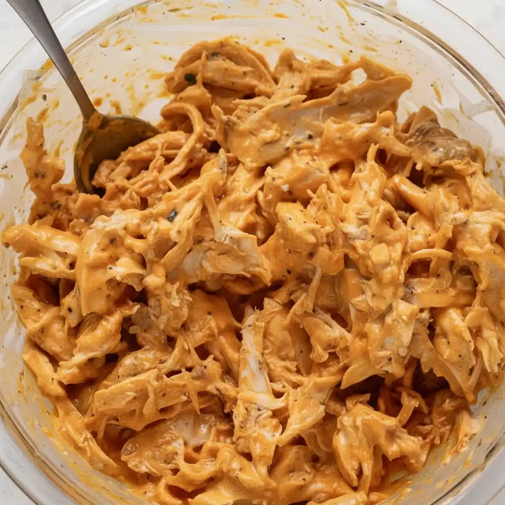 Creamy buffalo chicken mixture with shredded chicken, buffalo sauce, and ranch dressing in a glass bowl.