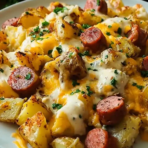 cheesy ranch potatoes and smoked sausage on a white plate with creamy sauce and parsley garnish