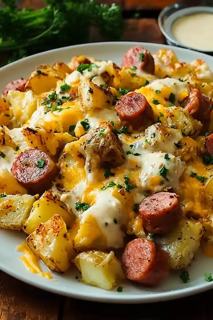 cheesy ranch potatoes and smoked sausage on a white plate with creamy sauce and parsley garnish