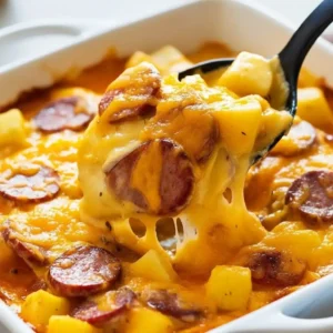 baked cheesy ranch potatoes and smoked sausage casserole scooped with melted cheese