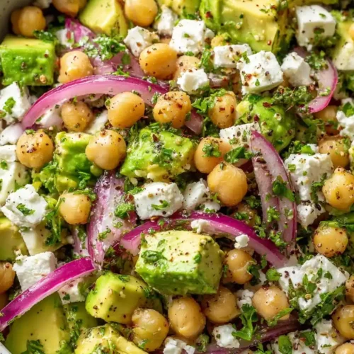 : Chickpea Feta Avocado Salad with fresh herbs and lemon dressing