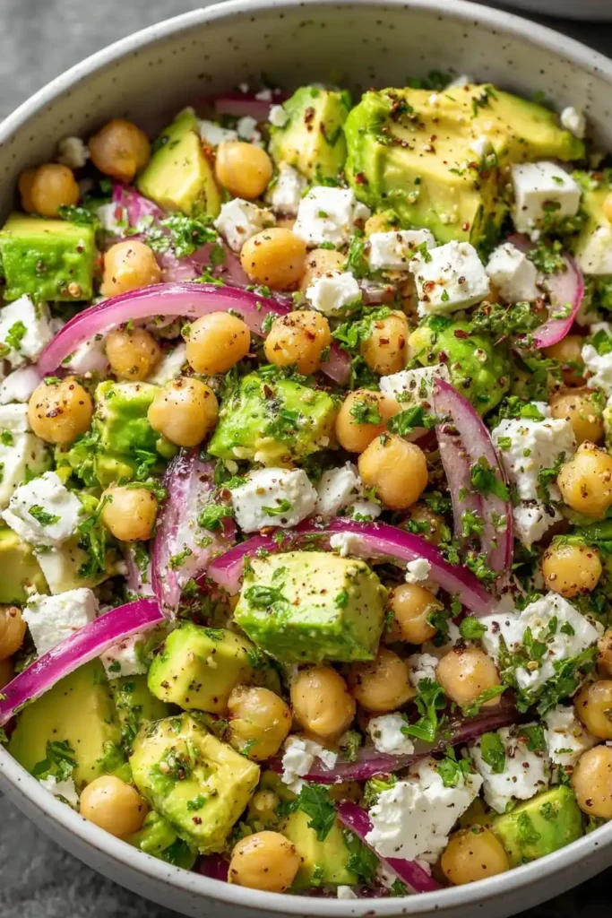: Chickpea Feta Avocado Salad with fresh herbs and lemon dressing