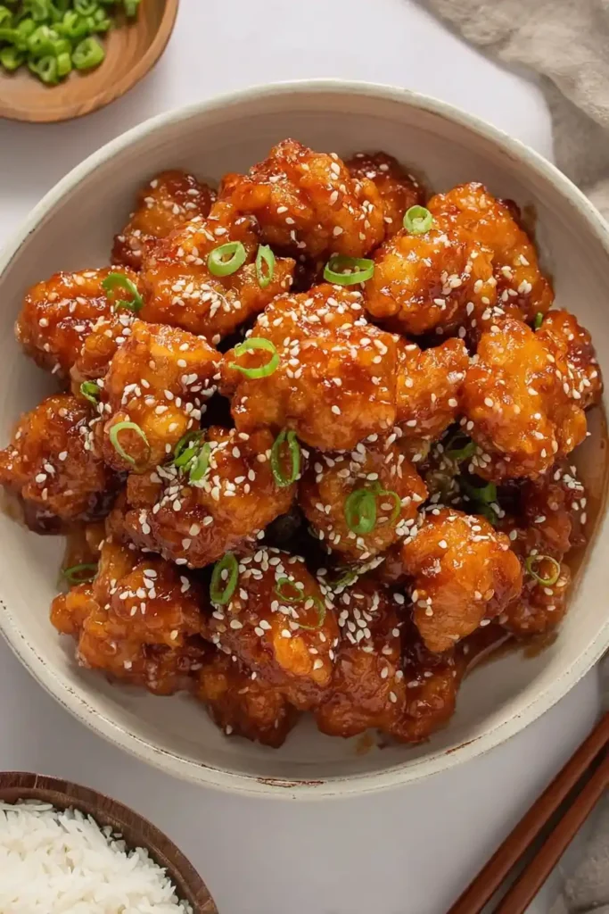 Honey Sesame Chicken in bowl with sesame glaze
