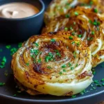 Oven roasted garlic cabbage steaks served with creamy dipping sauce