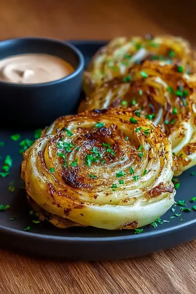 Oven roasted garlic cabbage steaks served with creamy dipping sauce